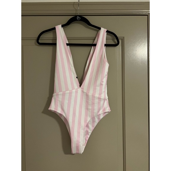 Nasty Gal Striped Pink and White Plunge Swimsuit Size 6 - Picture 2 of 3